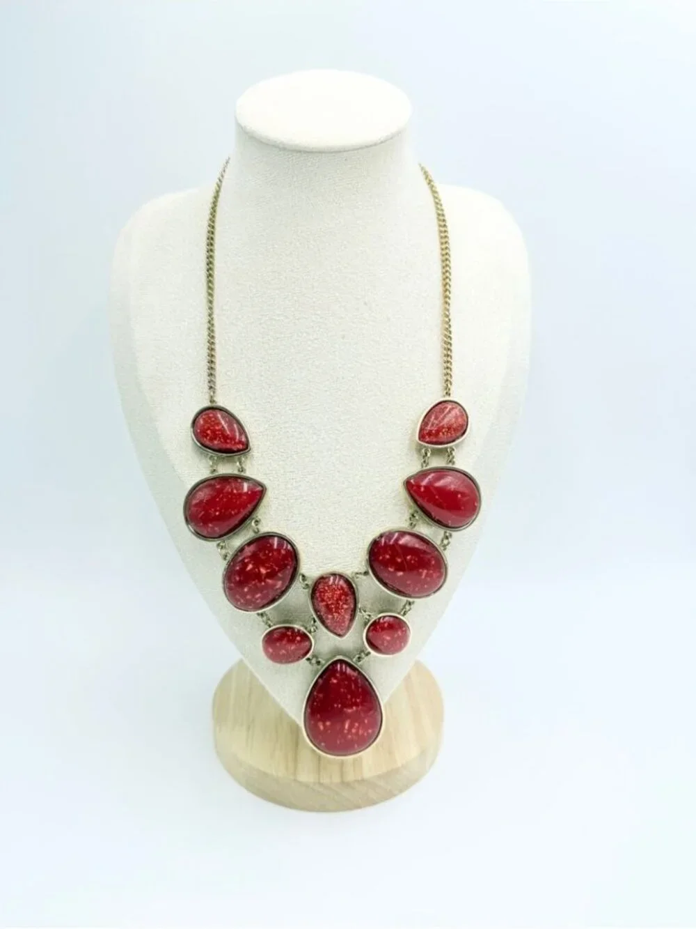 Charming Charlie Red Statement Bib Necklace Gold Tone Resin Adjustable